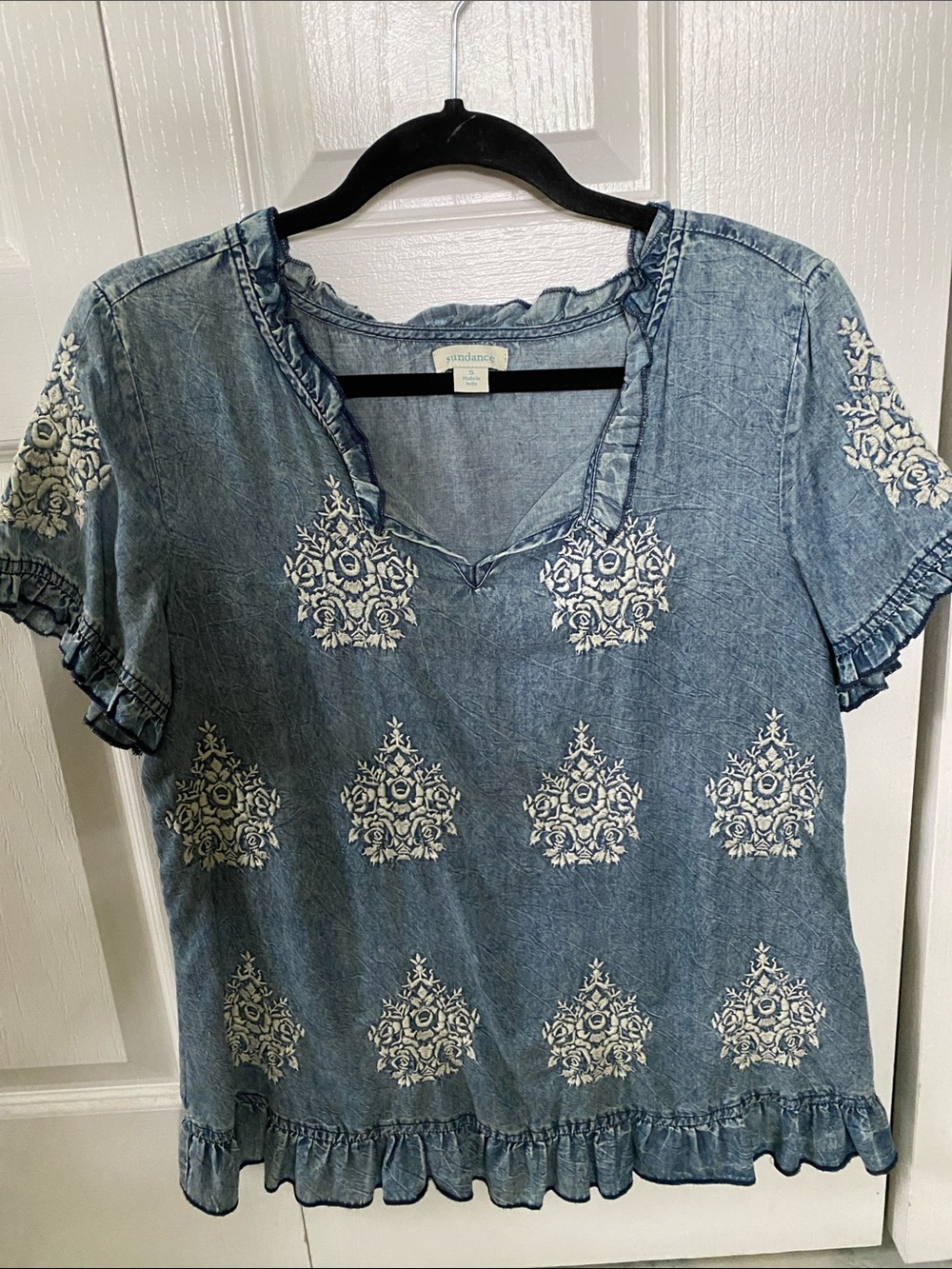 Sundance Blue Embroidered Ruffle Denim-Look Blouse